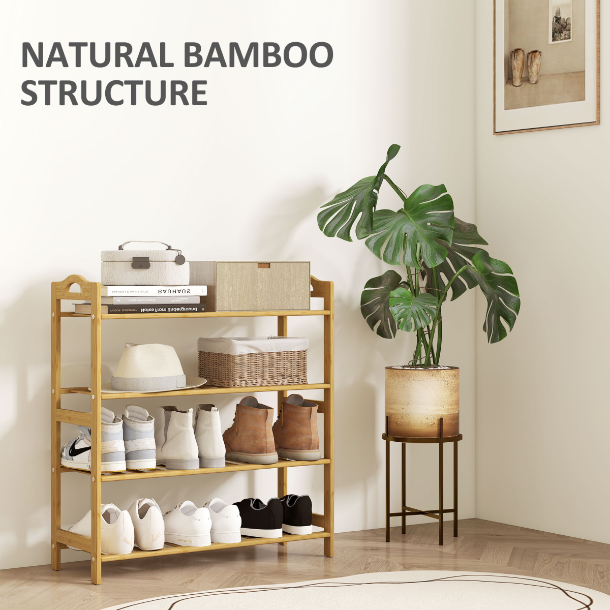 HOMCOM 4-Tier Bamboo Shoe Rack Shelf Stand, Natural Finish