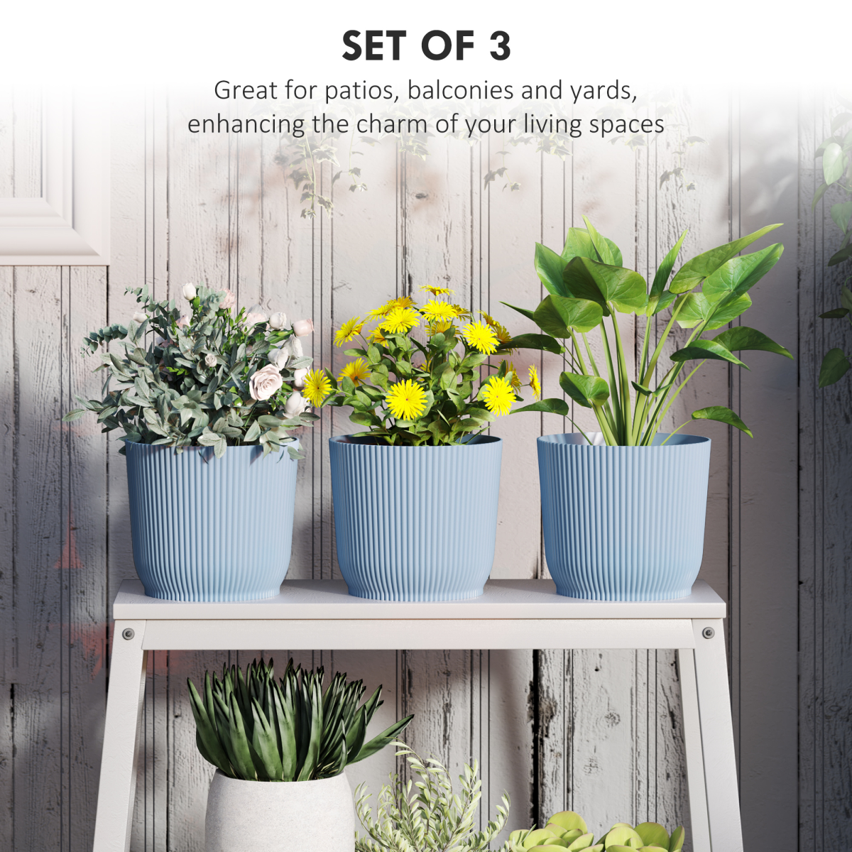 Outsunny Set of 3 Blue Round Stackable Plant Pots, 22cm