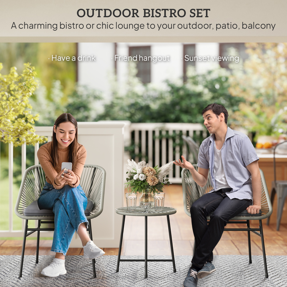 Outsunny 3 Piece Rattan Bistro Set with Cushions, Light Grey