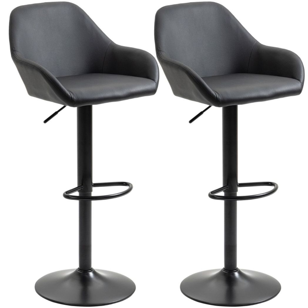 Set of 2 Black PU Leather Adjustable Swivel Bar Stools with Footrest