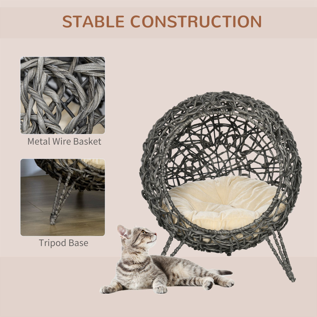 PawHut Elevated Rattan Cat House with Cushion, Grey