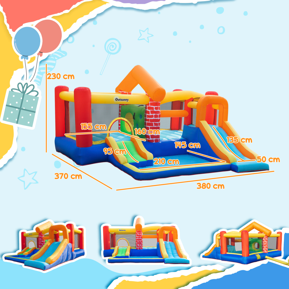 Kids Inflatable Bouncy Castle with 2 Slides, Pool, Trampoline & Blower