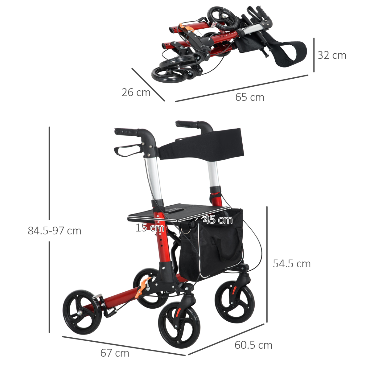 HOMCOM Folding Rollator Walker w/ Seat Storage Bag Adjustable Handle for Seniors