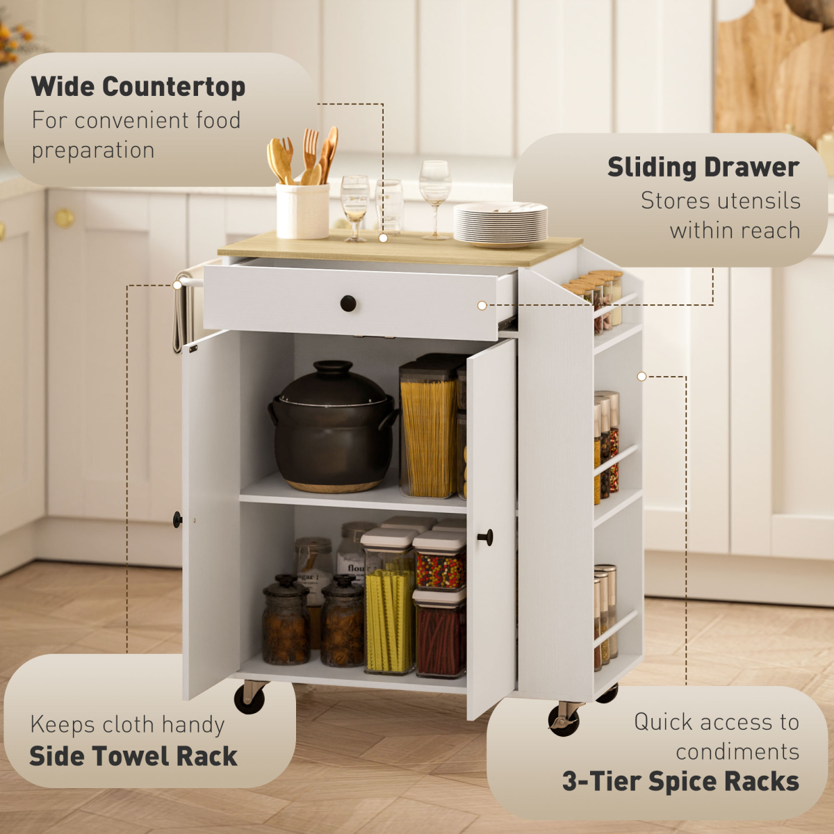 HOMCOM Kitchen Island Cart with Spice Rack, Towel Bar, Drawer
