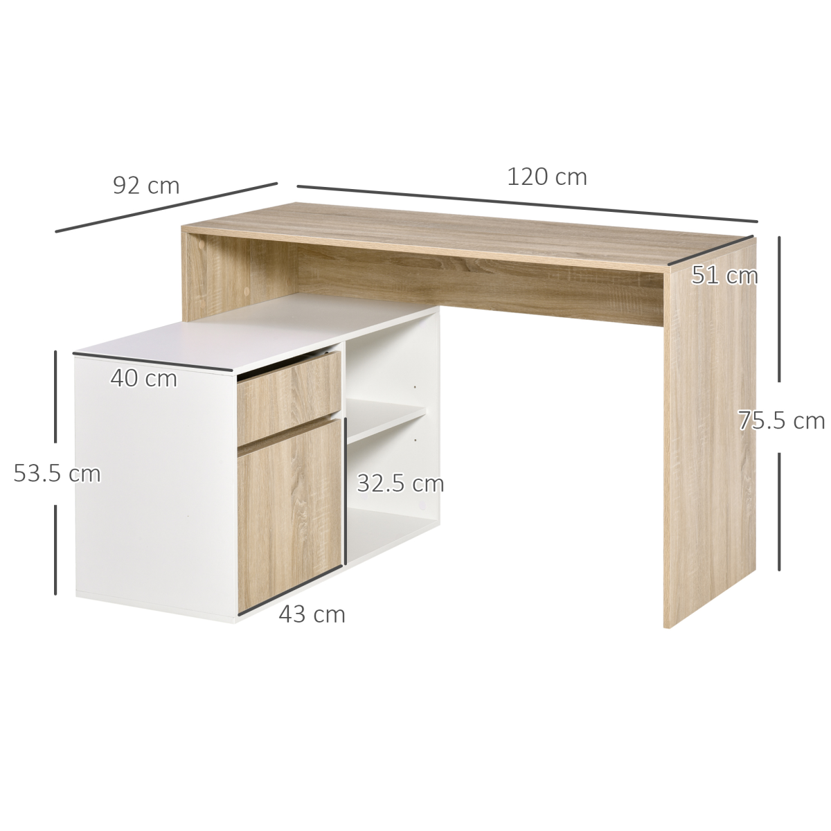 HOMCOM L-Shaped Corner Computer Desk with Cabinet, Drawer and Shelves, Oak and White