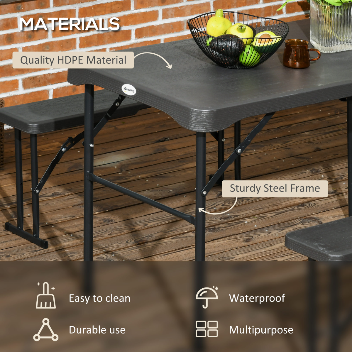 Outsunny 3-Piece Foldable HDPE Picnic Table Set with 2 Benches for 6, Dark Grey