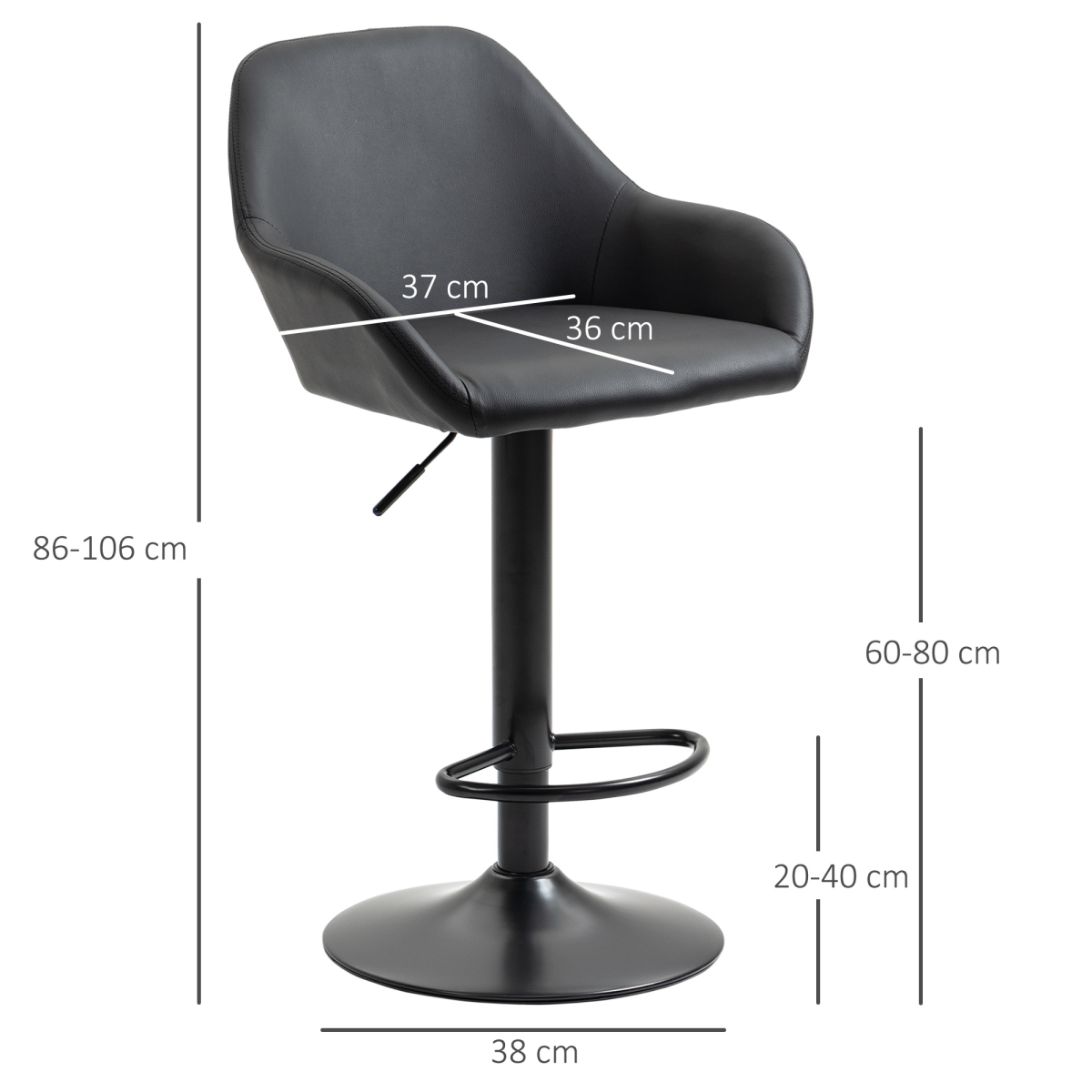 HOMCOM Set of 2 Adjustable Swivel Bar Stools with Backrest and Footrest, PU Leather, Black