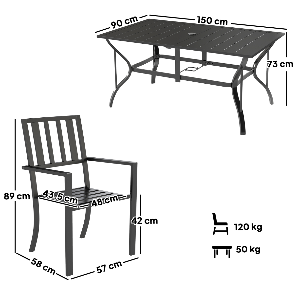 Outsunny 7-Piece Galvanised Steel Patio Dining Set with 42mm Umbrella Hole, Black