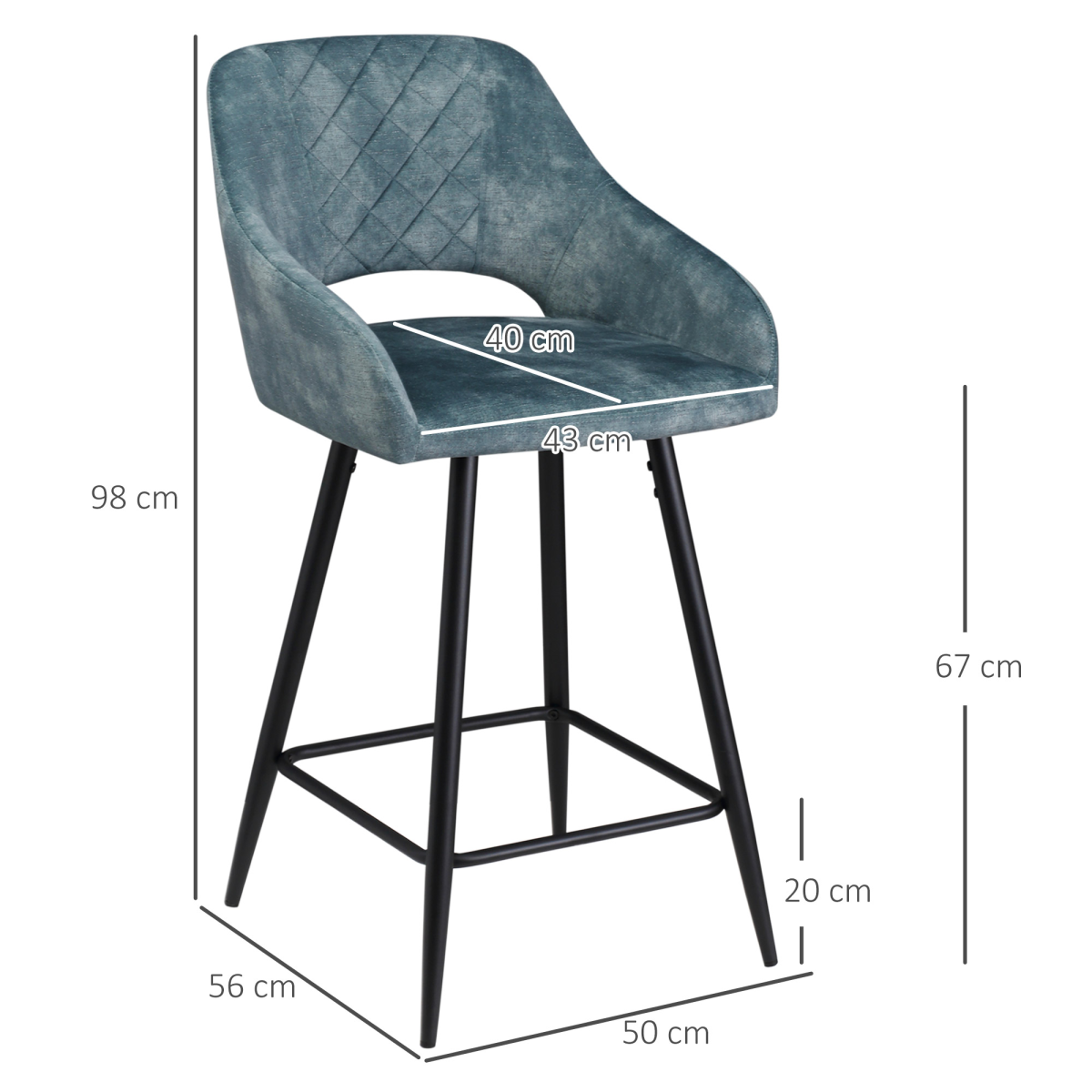 Set of 2 Blue Velvet-Feel Counter Height Bar Stools with Armrests