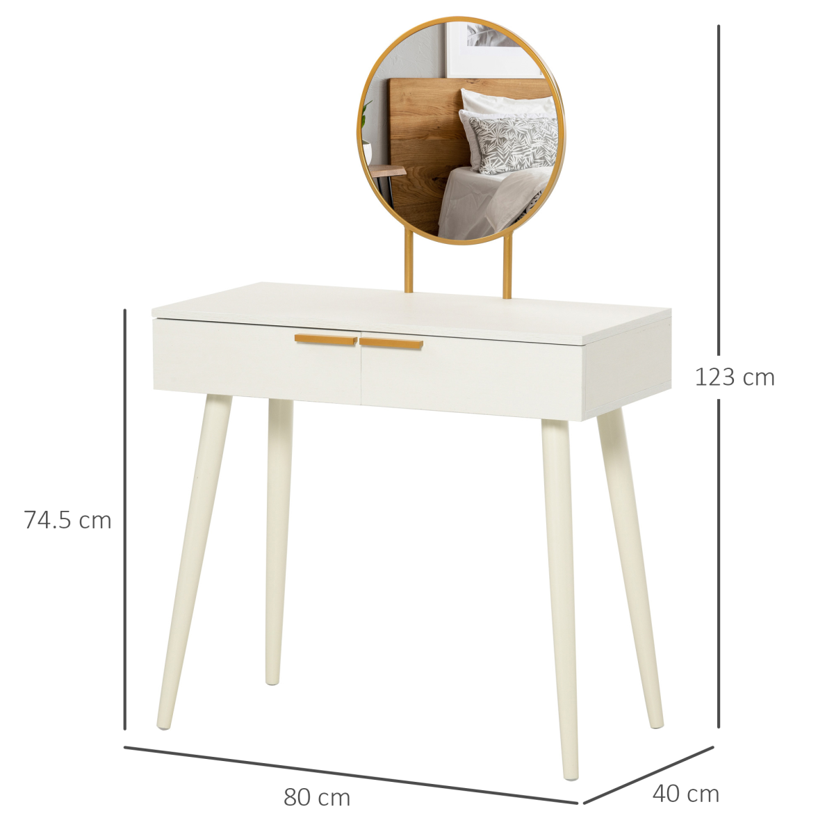 HOMCOM Modern White Dressing Table with 2 Drawers and Round Mirror