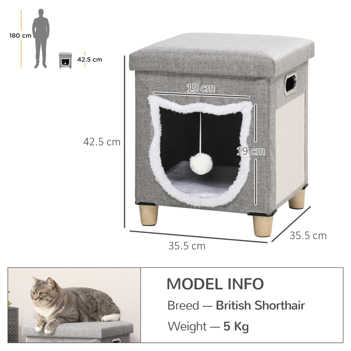 PawHut 2-in-1 Cat Bed Ottoman with Scratching Pad, Cushion & Handle