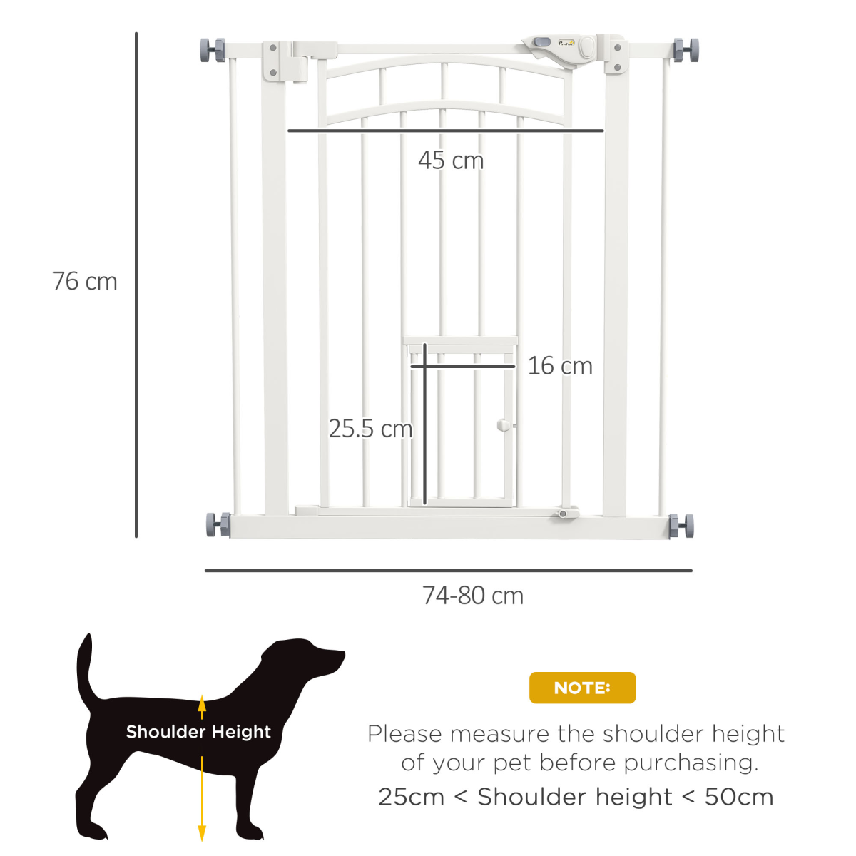 PawHut Adjustable Steel Pet Safety Gate with Cat Door, 74-80cm