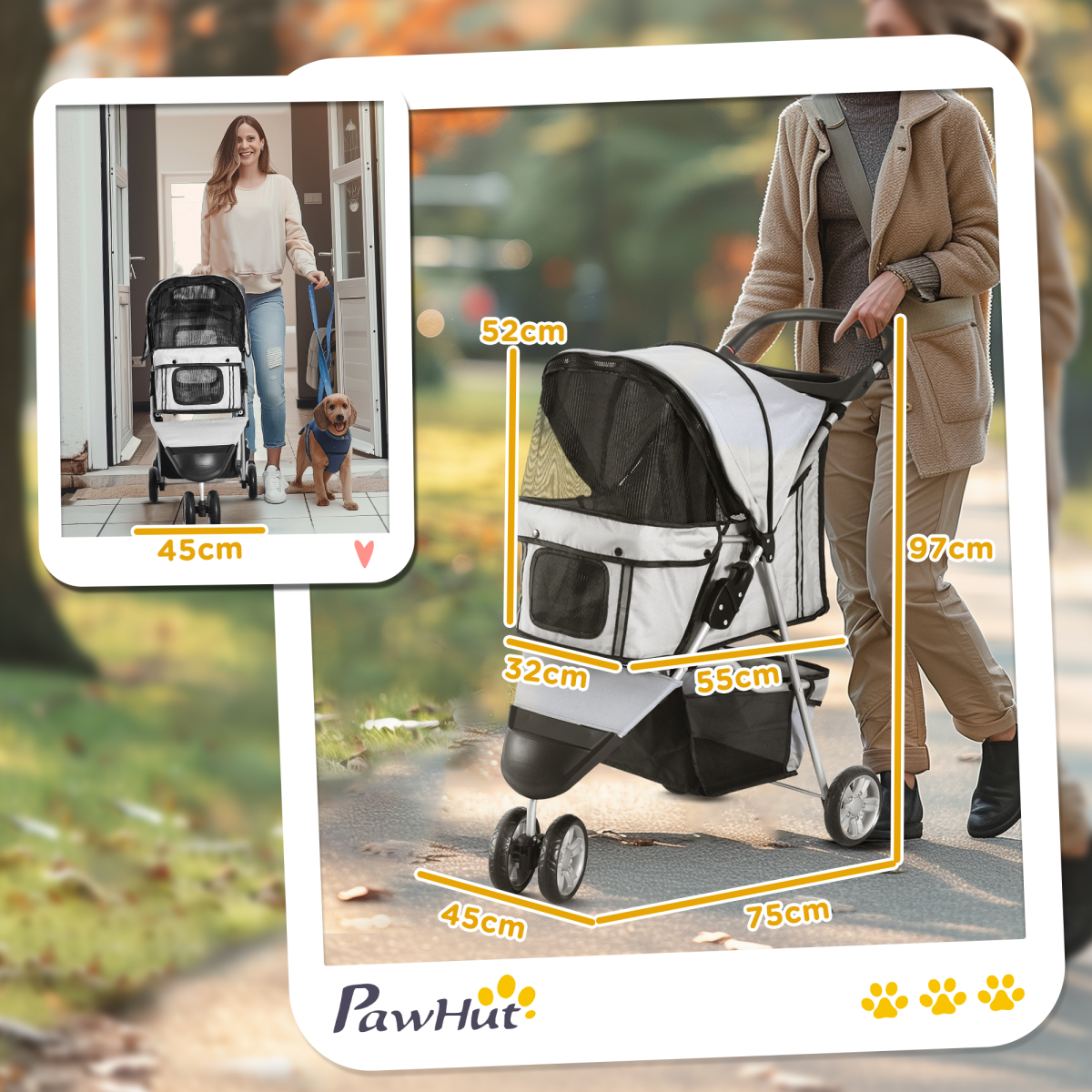 3-Wheel Pet Stroller Pushchair Carrier for Cats and Small Dogs, Grey