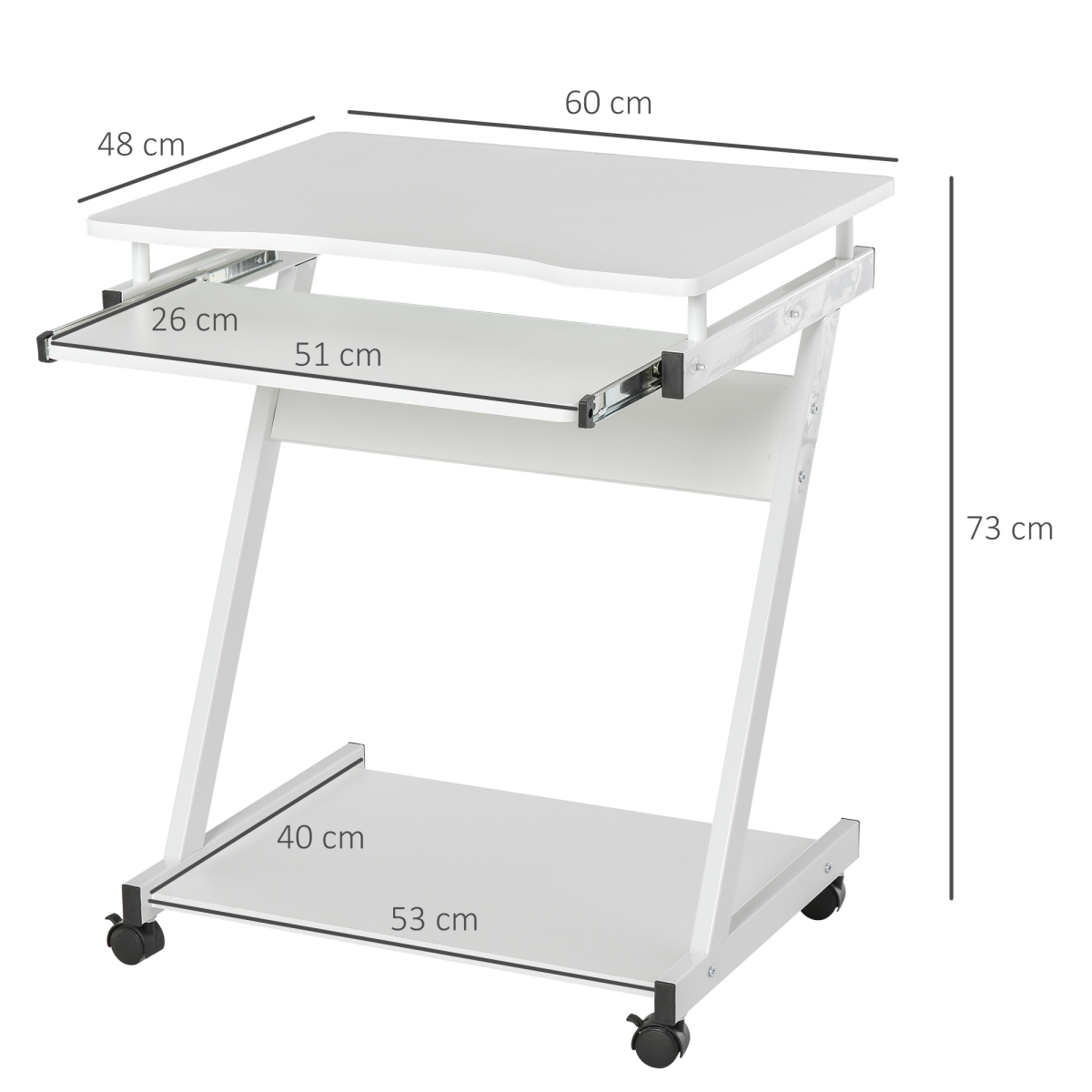 HOMCOM Computer Desk with Sliding Keyboard Tray, 4 Wheels, Bottom Shelf, White