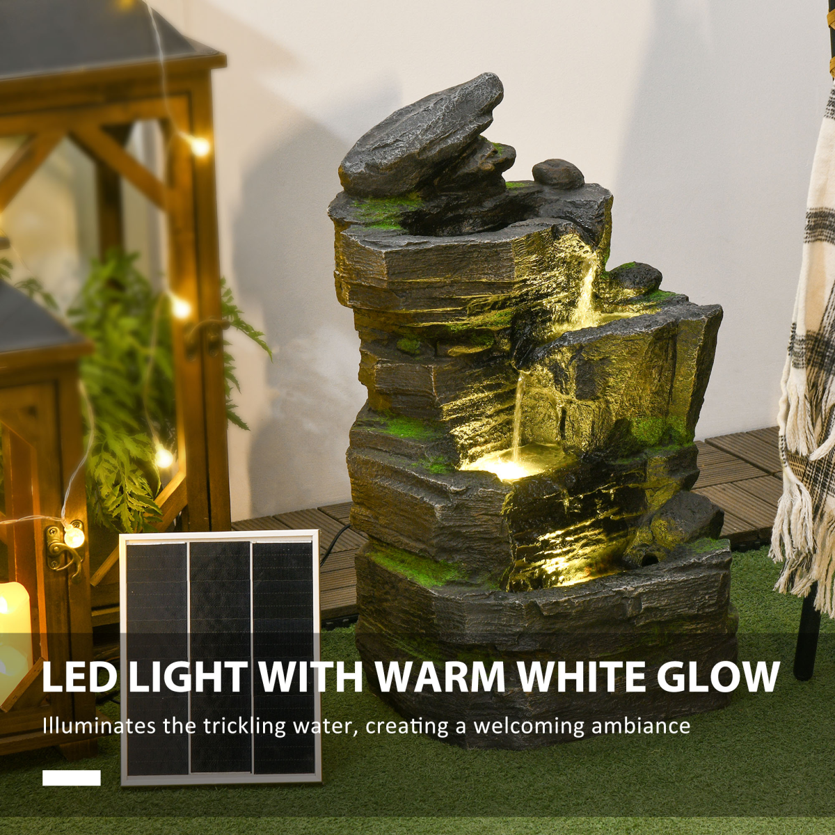 Outsunny Solar Outdoor Garden Fountain with LED Lights, Dark Grey