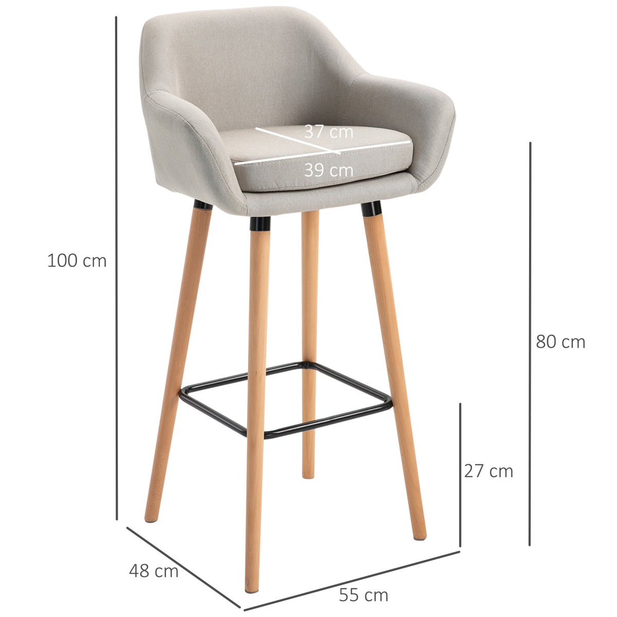 HOMCOM Set of 2 Modern Upholstered Bucket Bar Stools, Beige, Solid Wood Legs