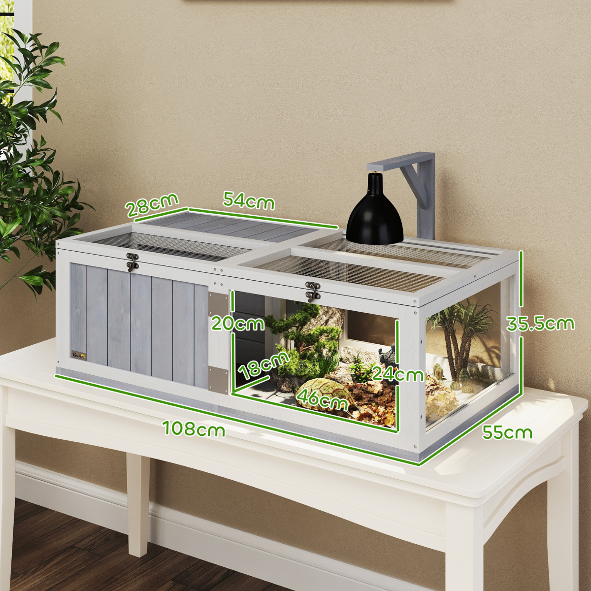 PawHut Wooden Tortoise House with Lamp Holder, Clear Windows