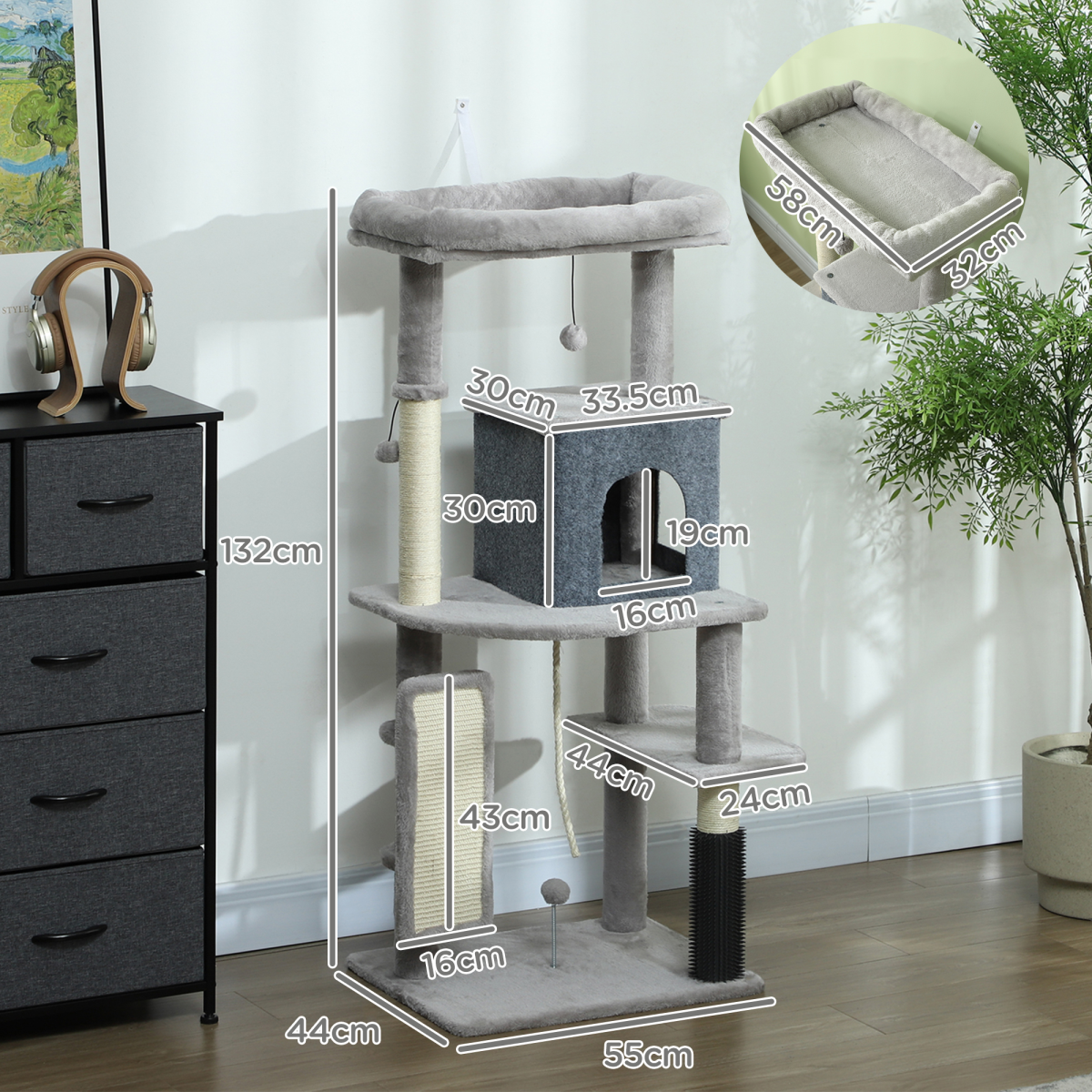 PawHut 132cm Indoor Cat Tree with Scratching Posts, Light Grey
