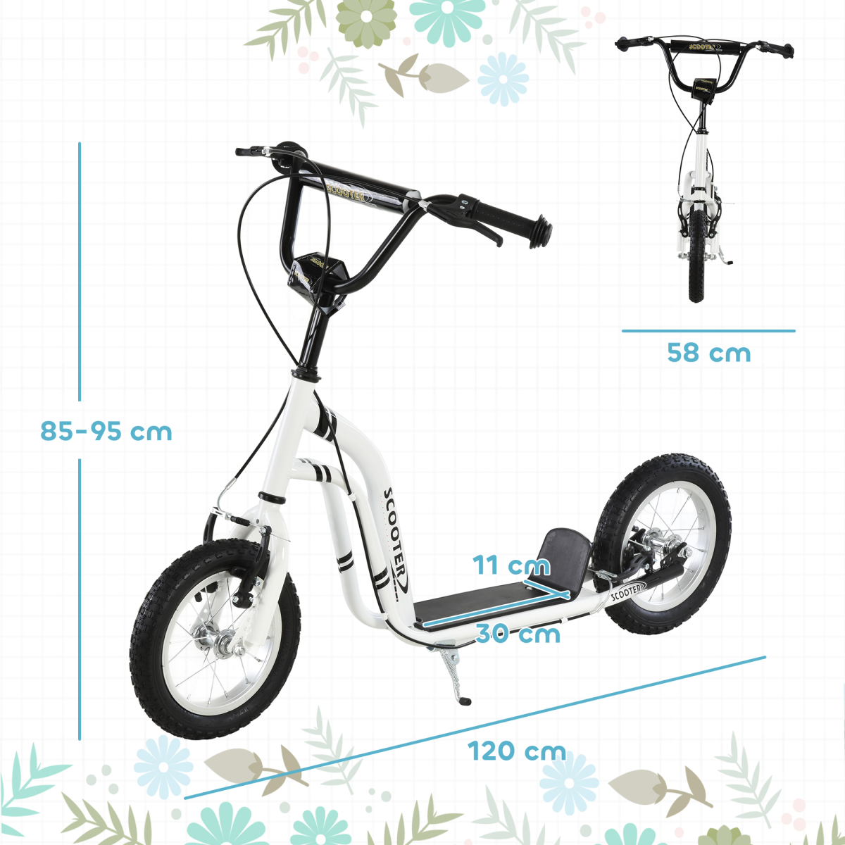 HOMCOM Dual-Brake Kick Scooter with 12-Inch Inflatable Wheels, Adjustable Height