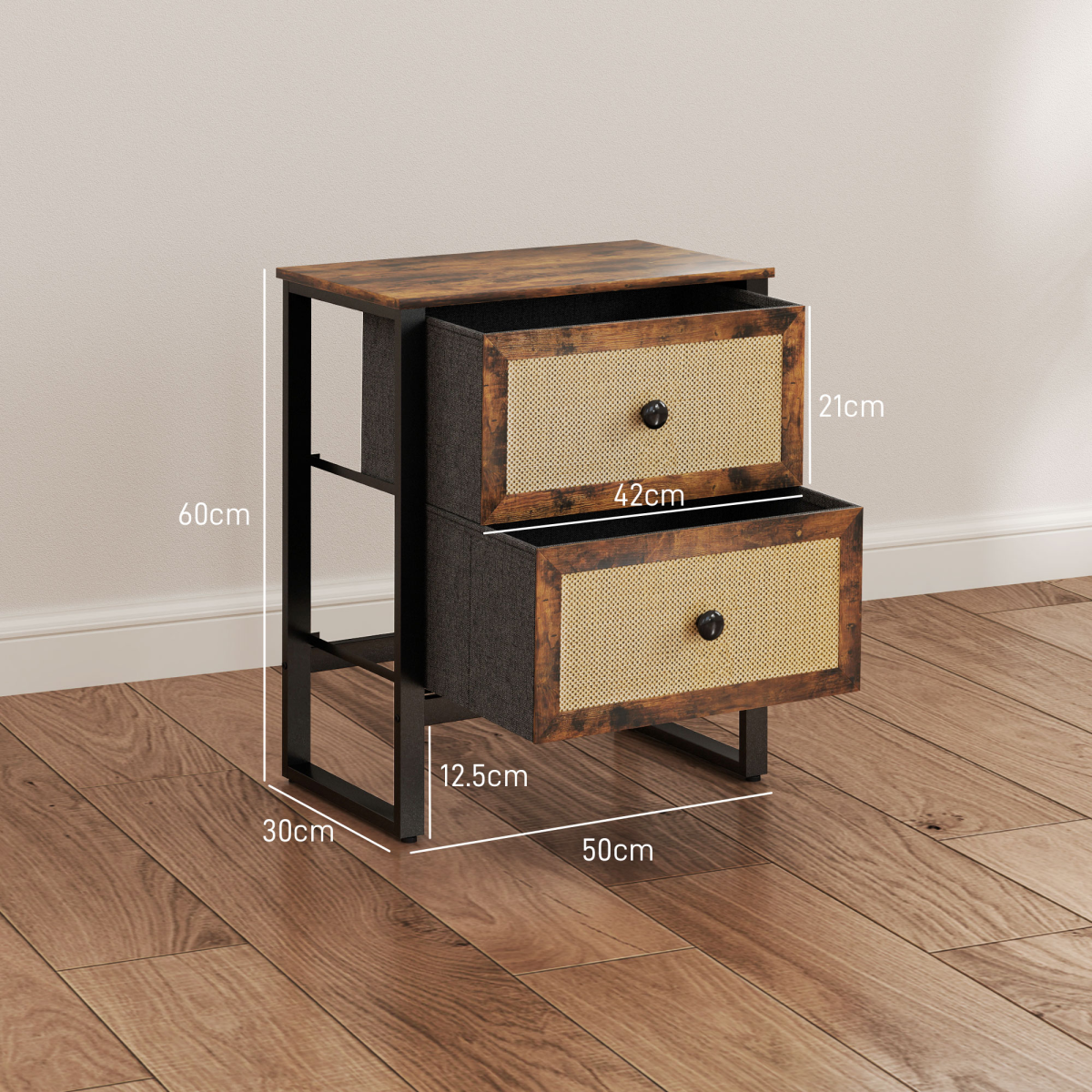 HOMCOM Rustic Brown Bedside Table with 2 Rattan Drawers, Steel Legs