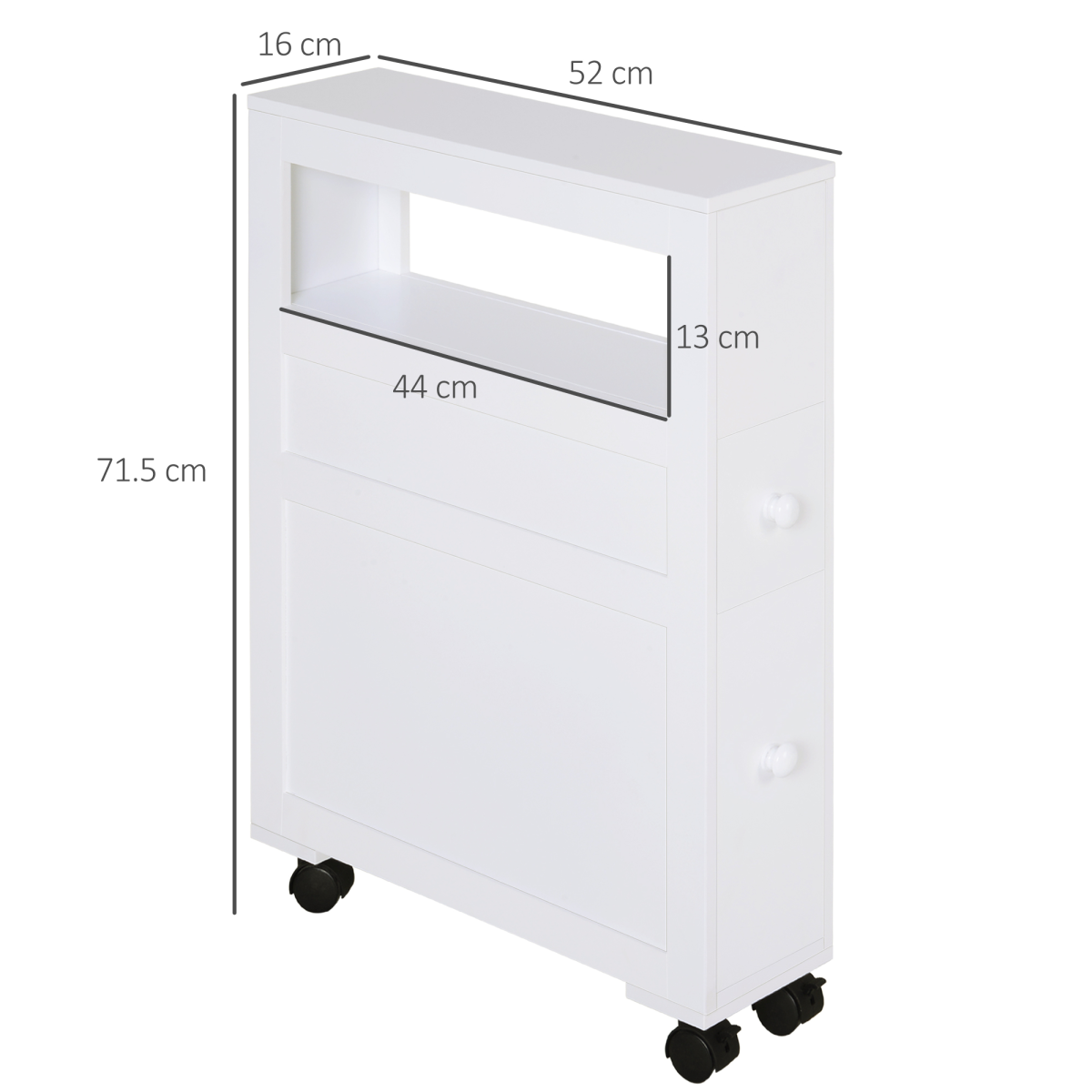 72 x 16cm Narrow Bathroom Storage Unit with 2 Drawers, Open Top and 4 Wheels