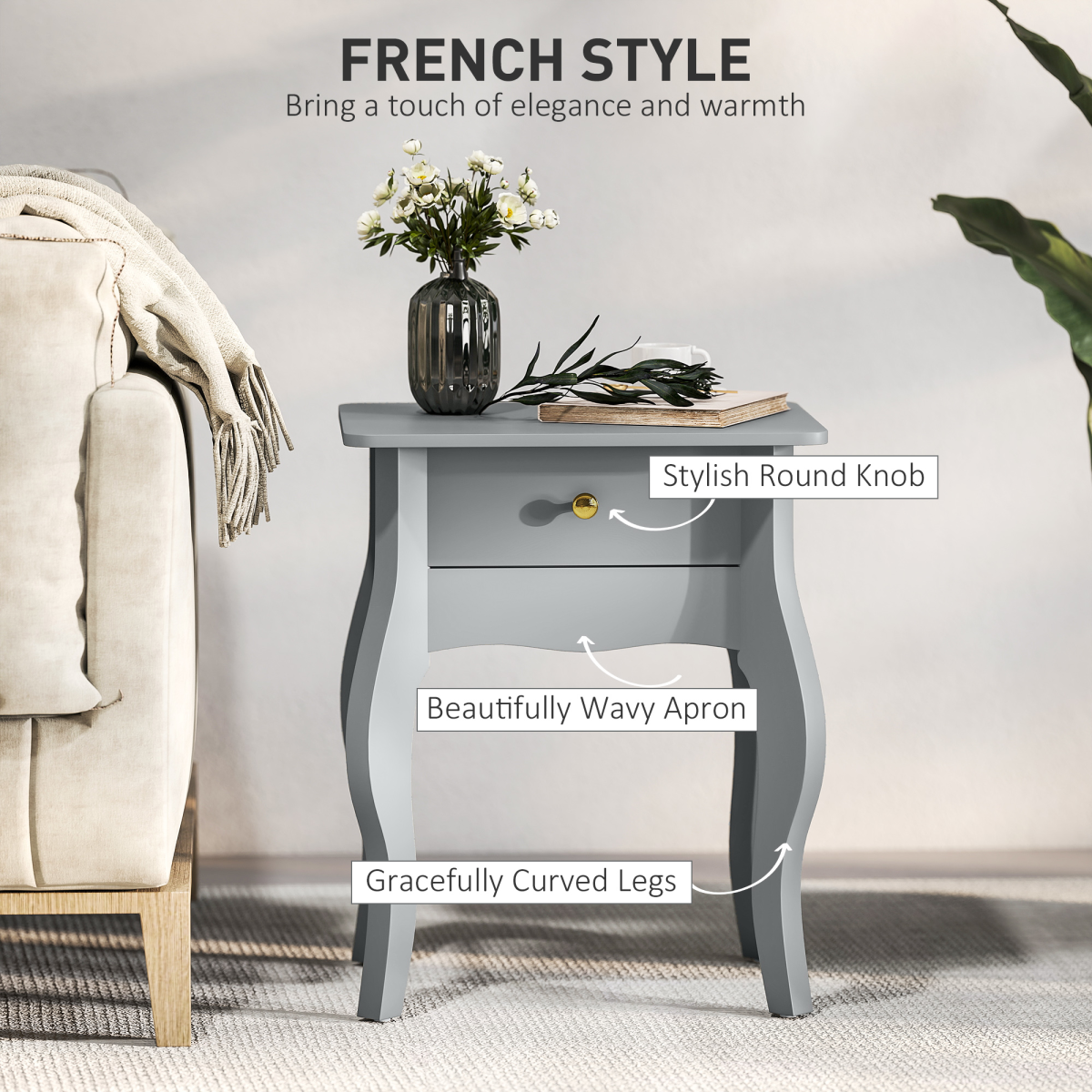 HOMCOM French Style Grey Side Table with Drawer, Curved Legs