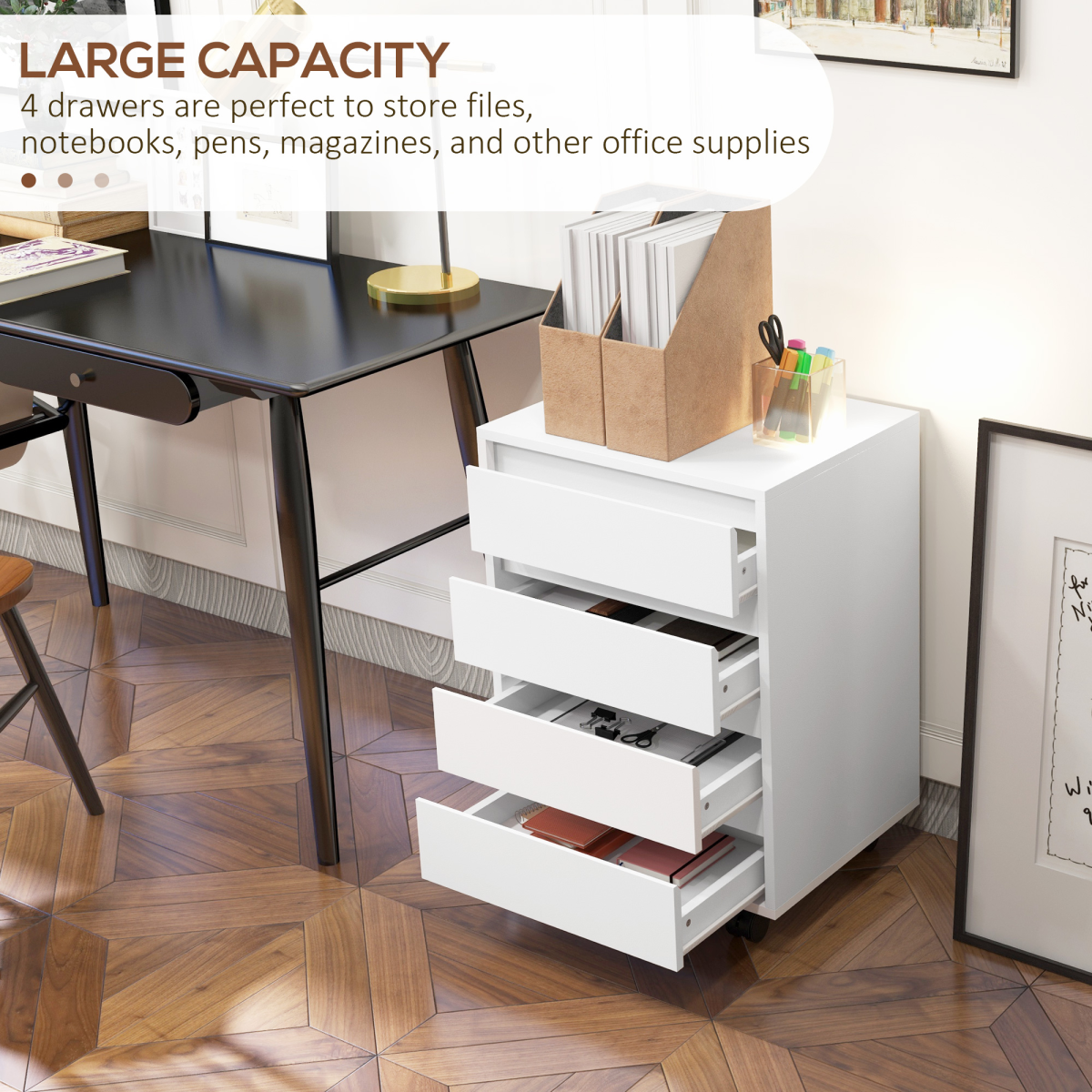 HOMCOM White Mobile Filing Cabinet with 4 Drawers & Lockable Wheels
