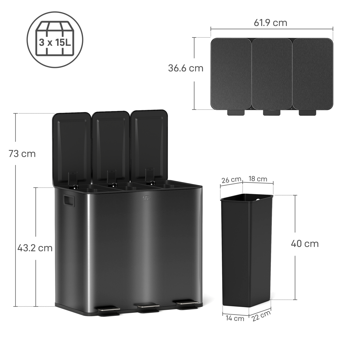 HOMCOM 3 x 15L Triple Kitchen Pedal Bin for Recycling & Waste, Black