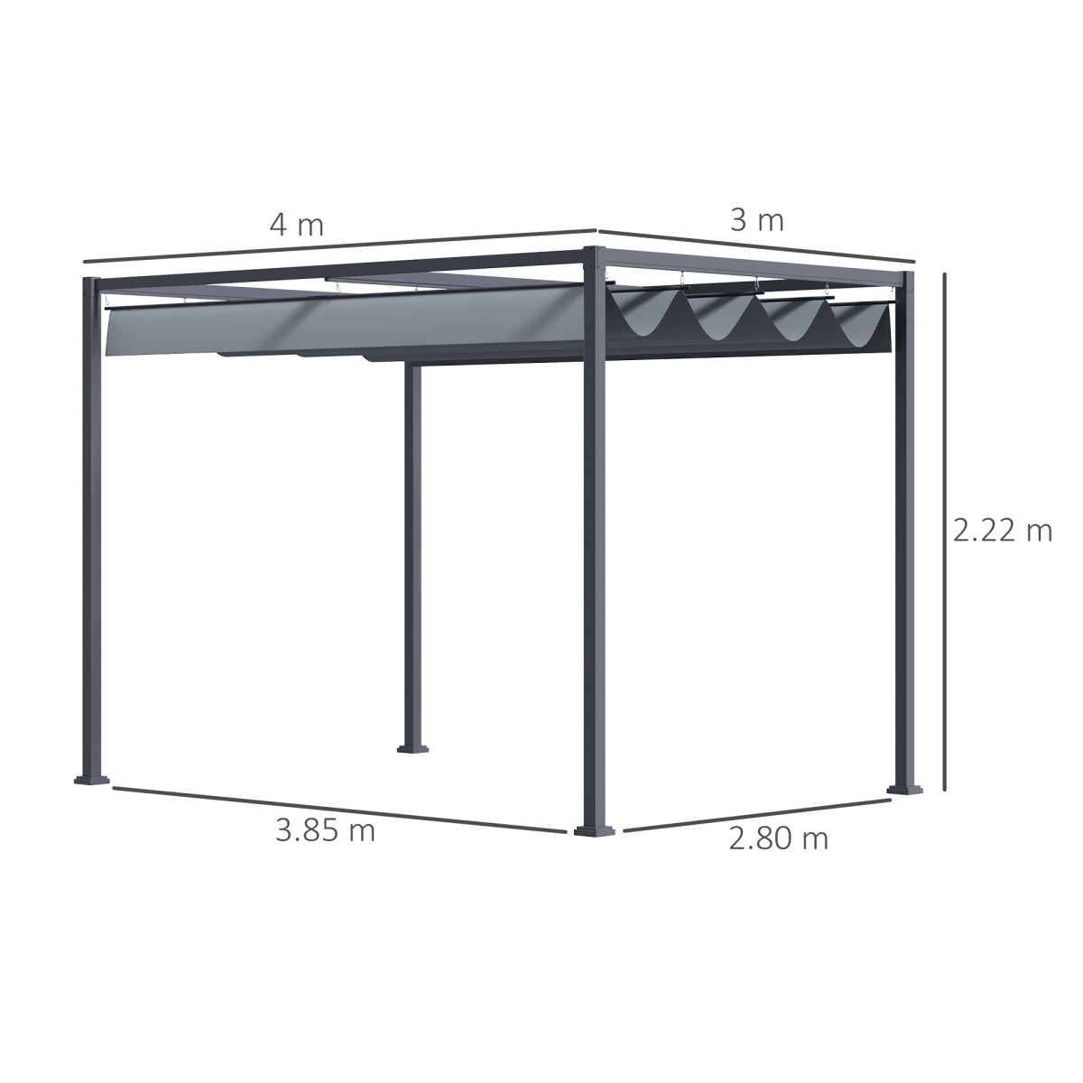Outsunny 4 x 3m Grey Metal Pergola Gazebo with Retractable UV-Resistant Canopy for Patio Outdoor Use