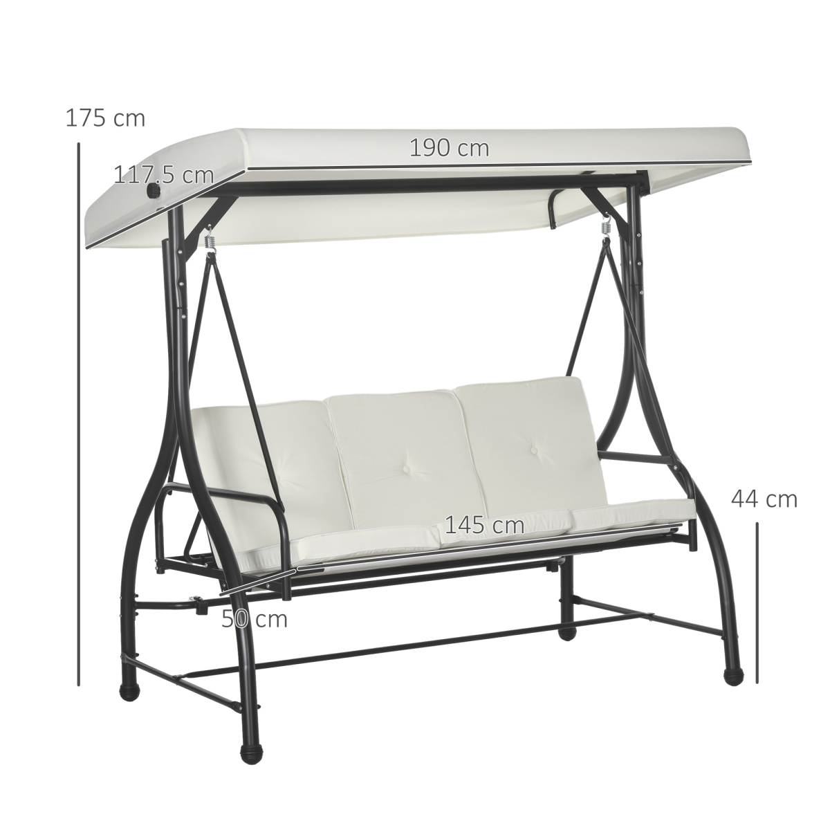 Outsunny 3-Seater Canopy Swing Chair with Cushion, Cream White