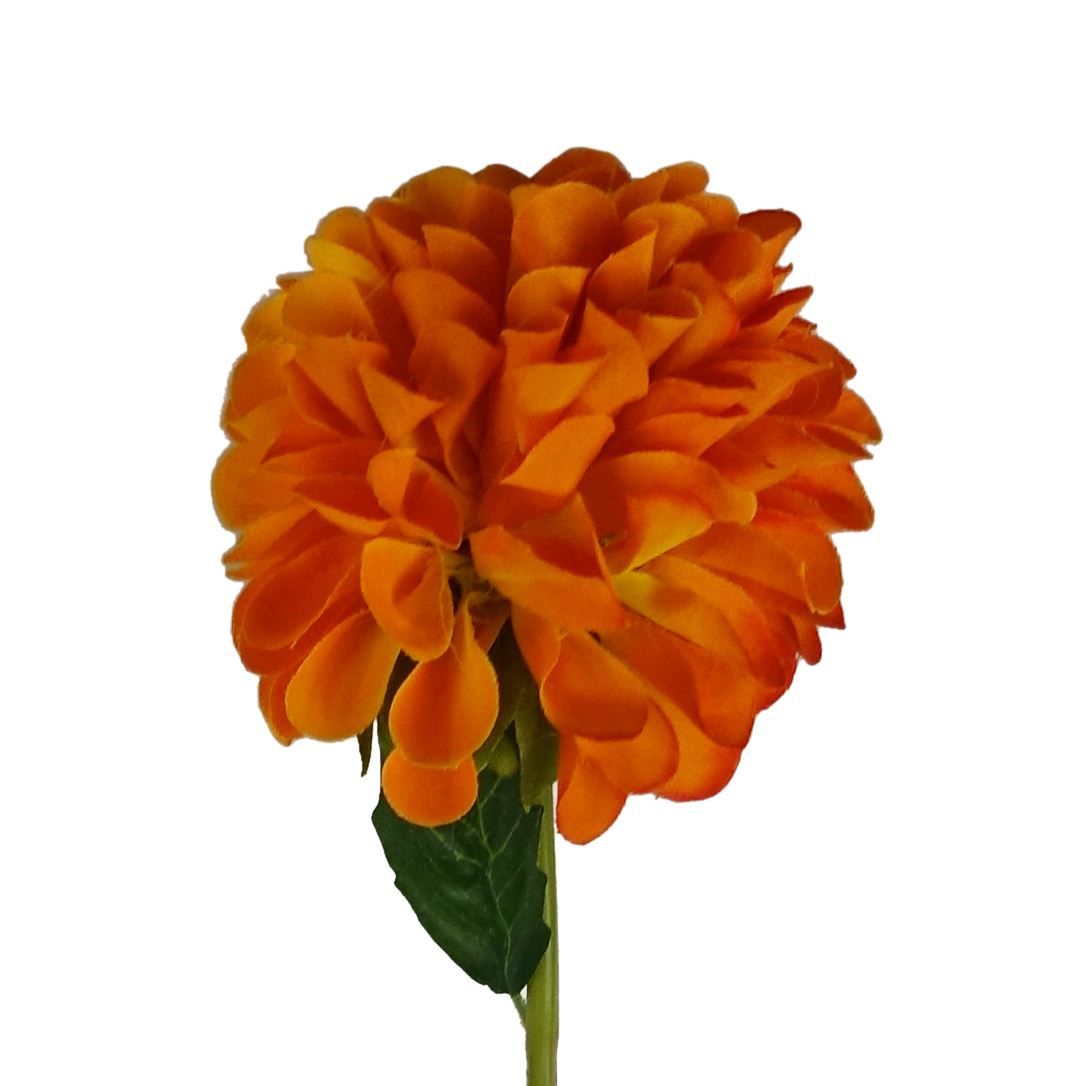 Leaf 75cm Artificial Orange Dahlia PomPom Flower Stem
