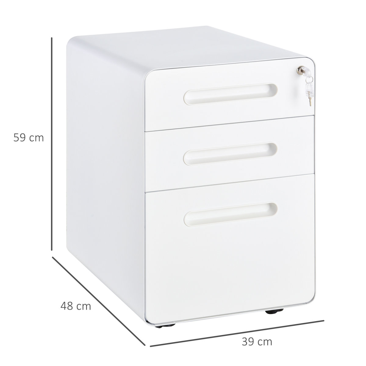 Modern 3-Drawer Steel Filing Cabinet with Lock, 4 Wheels, Pencil Box, White
