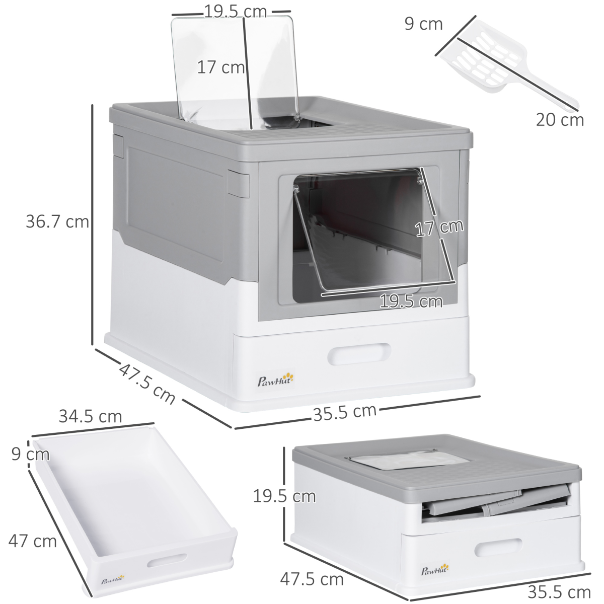 Hooded Cat Litter Box with Scoop and Tray, Portable Pet Toilet, Grey