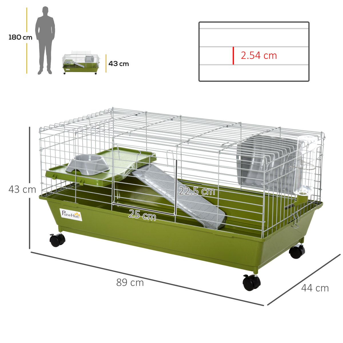 PawHut 89cm Small Animal Home Cage for Rabbits, Ferrets, Chinchillas and Guinea Pigs with Wheels, Platform, Ramp, Hay Feeder, Water Bottle and Food Dish