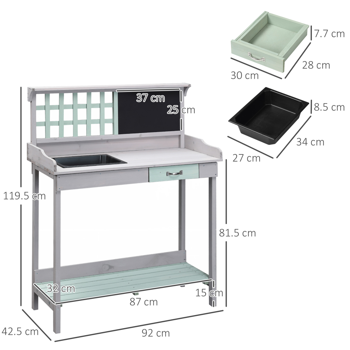 Outsunny Outdoor Solid Fir Wood Potting Table Bench with Sink, Blackboard, Drawer and Slatted Shelf
