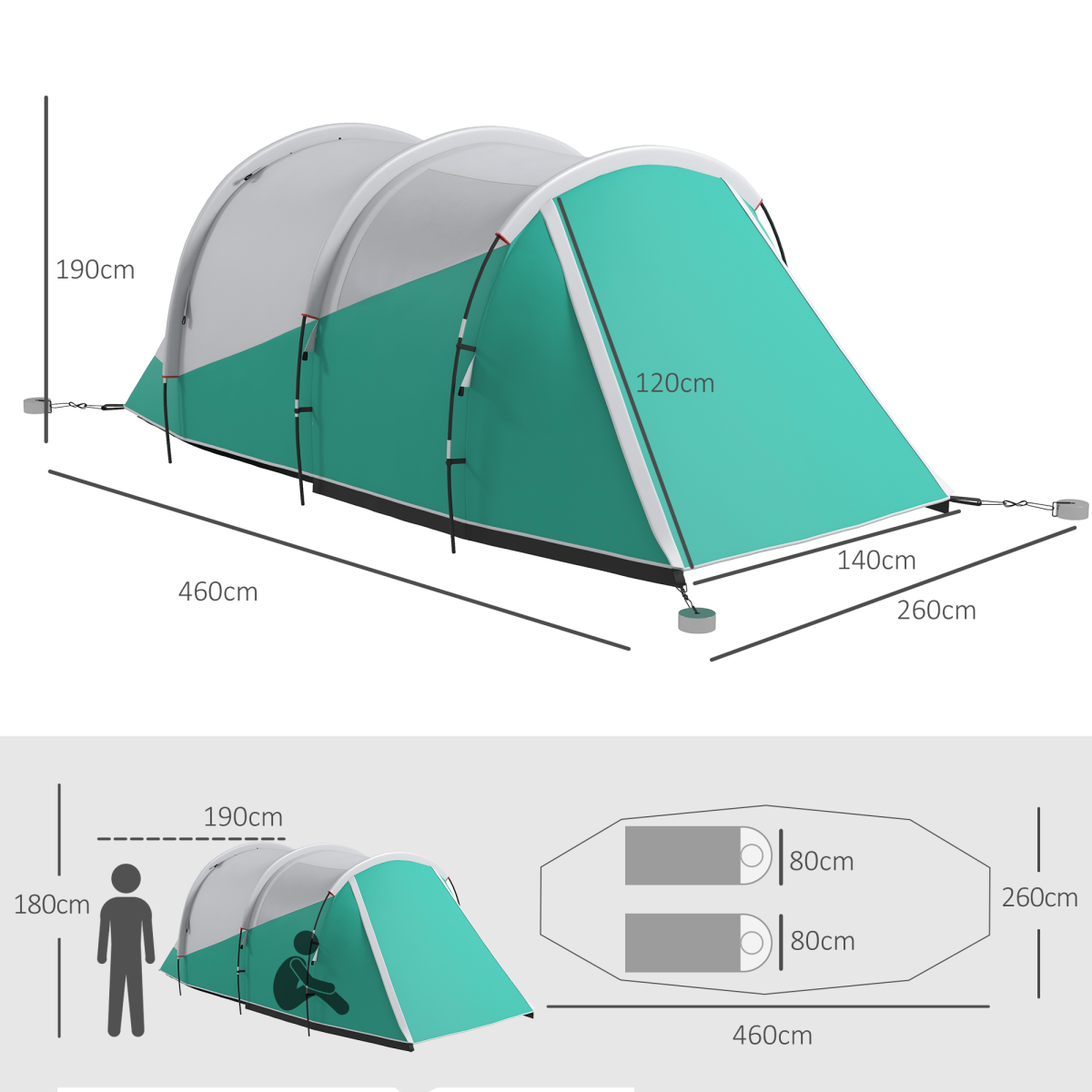 Outsunny 3000mm Waterproof 2-Room Camping Tent for 4-5 People, Green