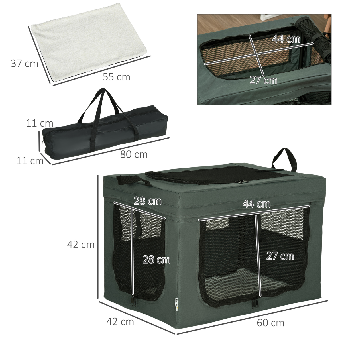 Foldable 3-Door Pet Carrier Bag with Cushion, Grey
