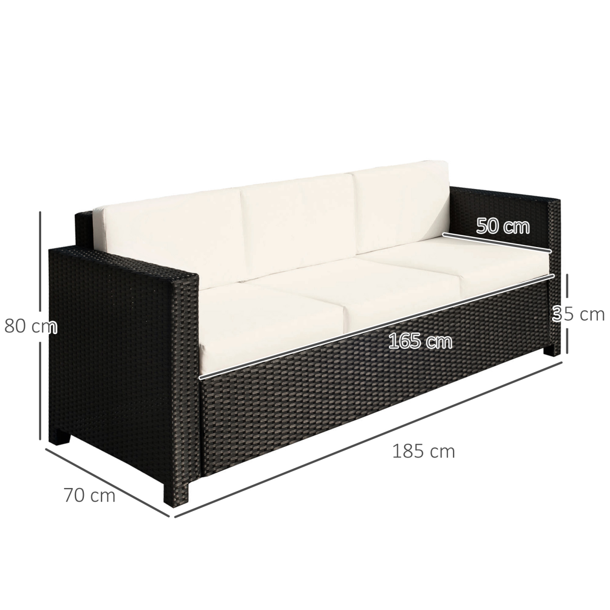 Outsunny 3 Seater Rattan Garden Sofa with Cushions Brown Outdoor Patio Wicker Weave Furniture
