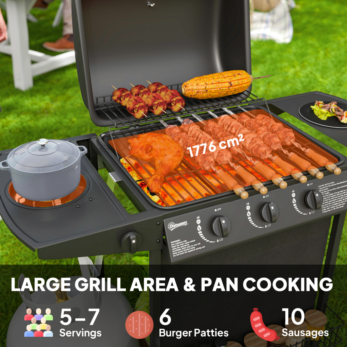 Outsunny 4-Burner Gas BBQ Grill with Side Burner and Lid, Black