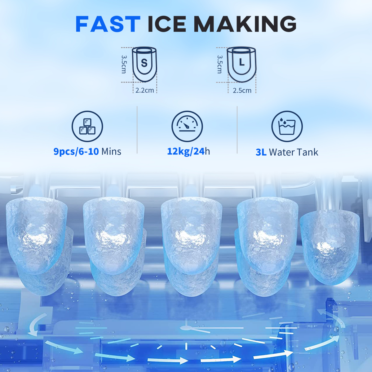 HOMCOM Ice Maker & Water Dispenser, 12kg/Day, 9 Cubes in 6-10 Mins