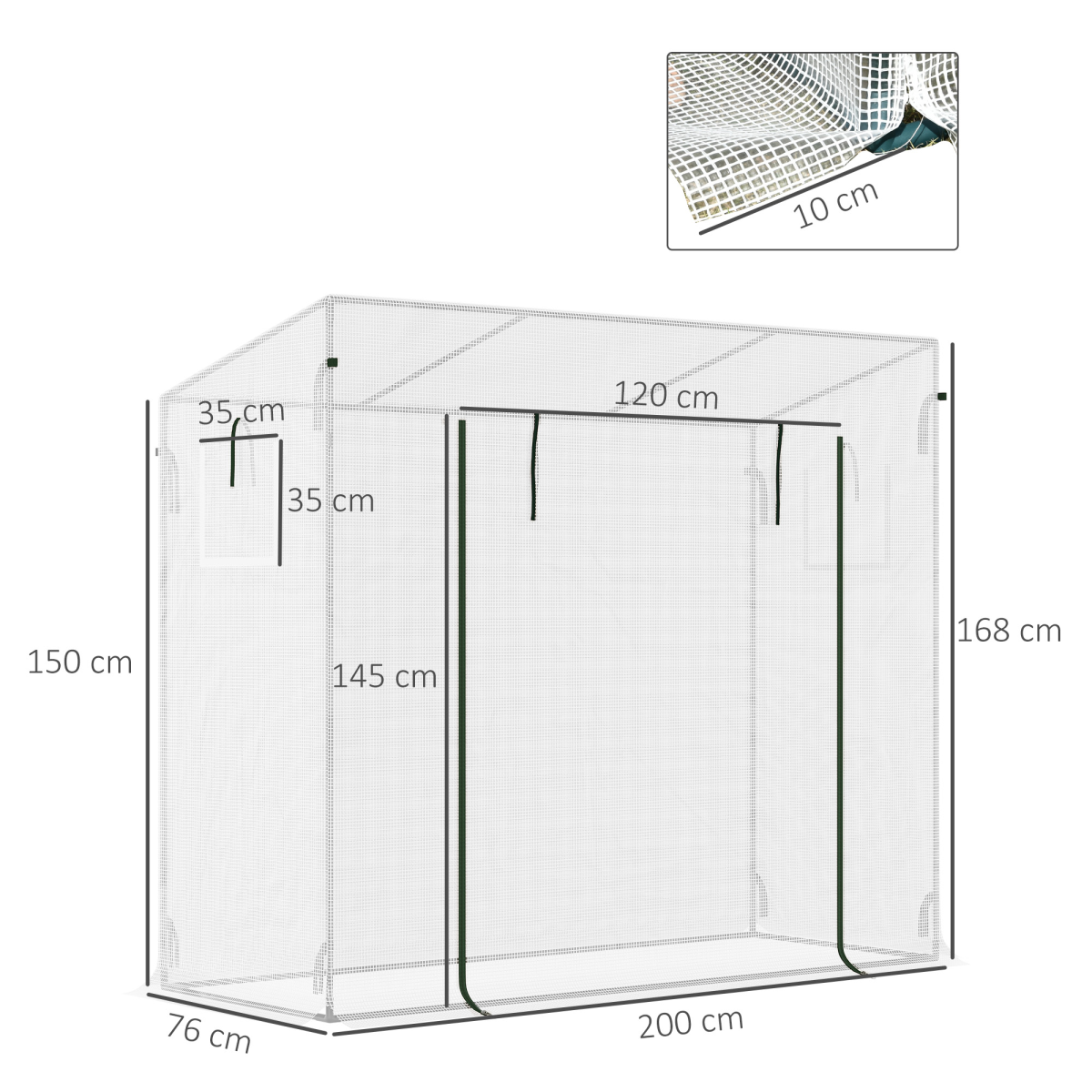 Outsunny Walk-In Greenhouse, 200 x 76 x 168 cm, Steel Frame, Roll-Up Door