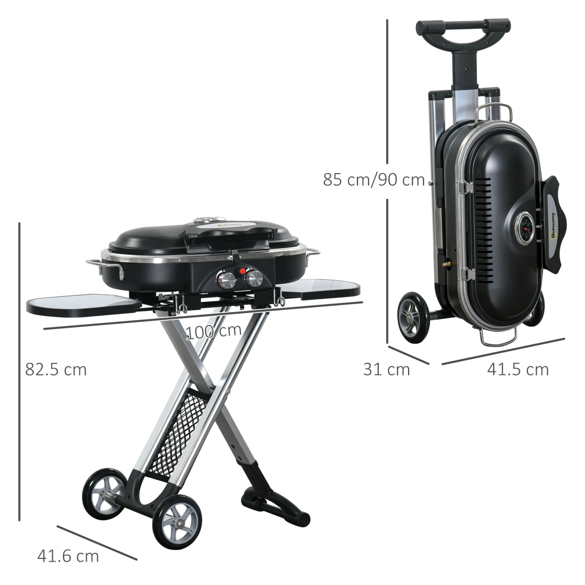 Outsunny Foldable 2 Burner Gas BBQ Grill Trolley with Side Shelves and Thermometer