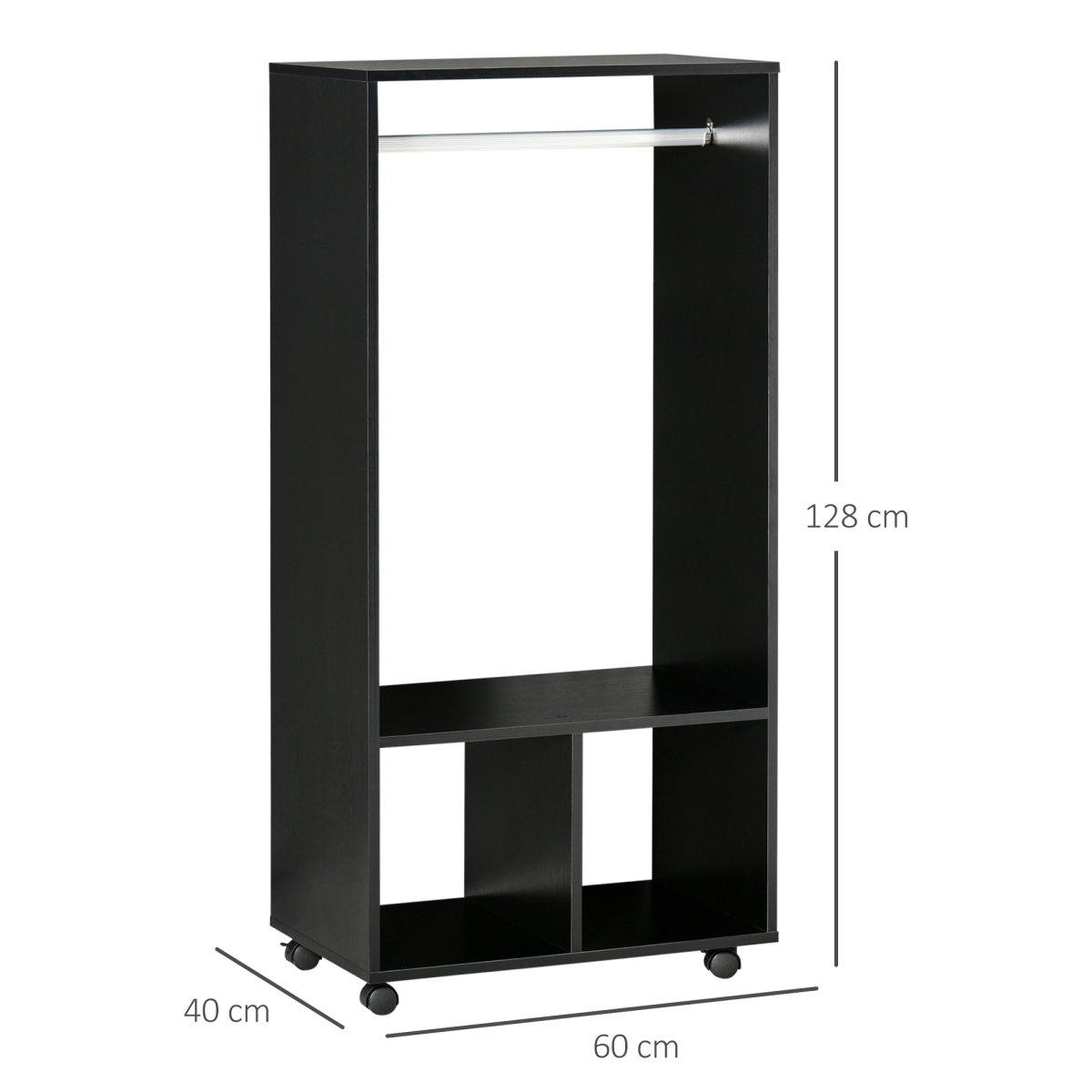 HOMCOM Open Wardrobe Clothes Rail with 2 Shelves, Hanging Rail and 4 Wheels, Black