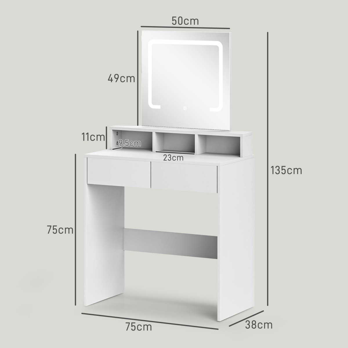 HOMCOM Dressing Table with Mirror, LED Lights, 2 Drawers, White