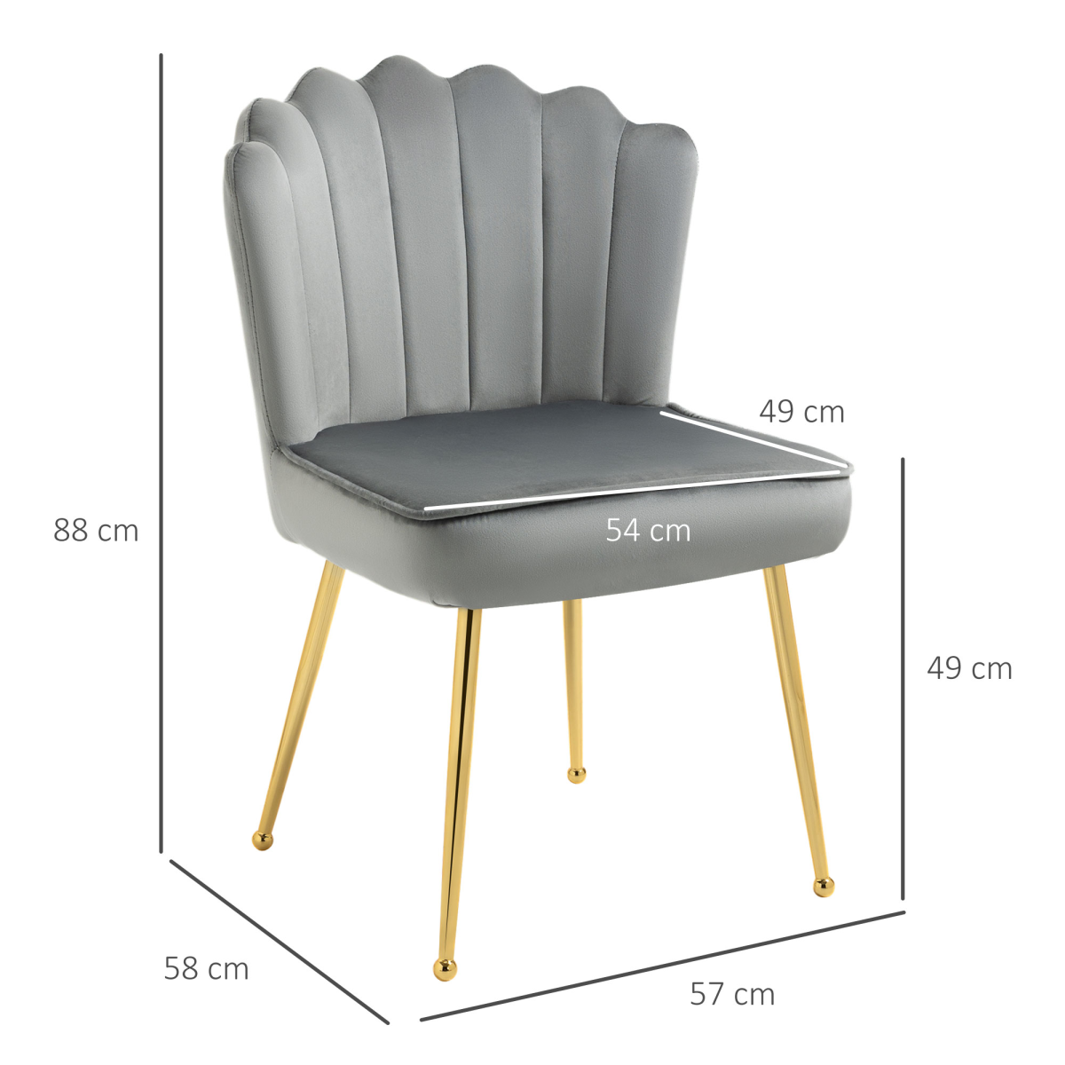 HOMCOM Shell Accent Chair, Velvet-Feel Upholstered, Metal Legs, Grey