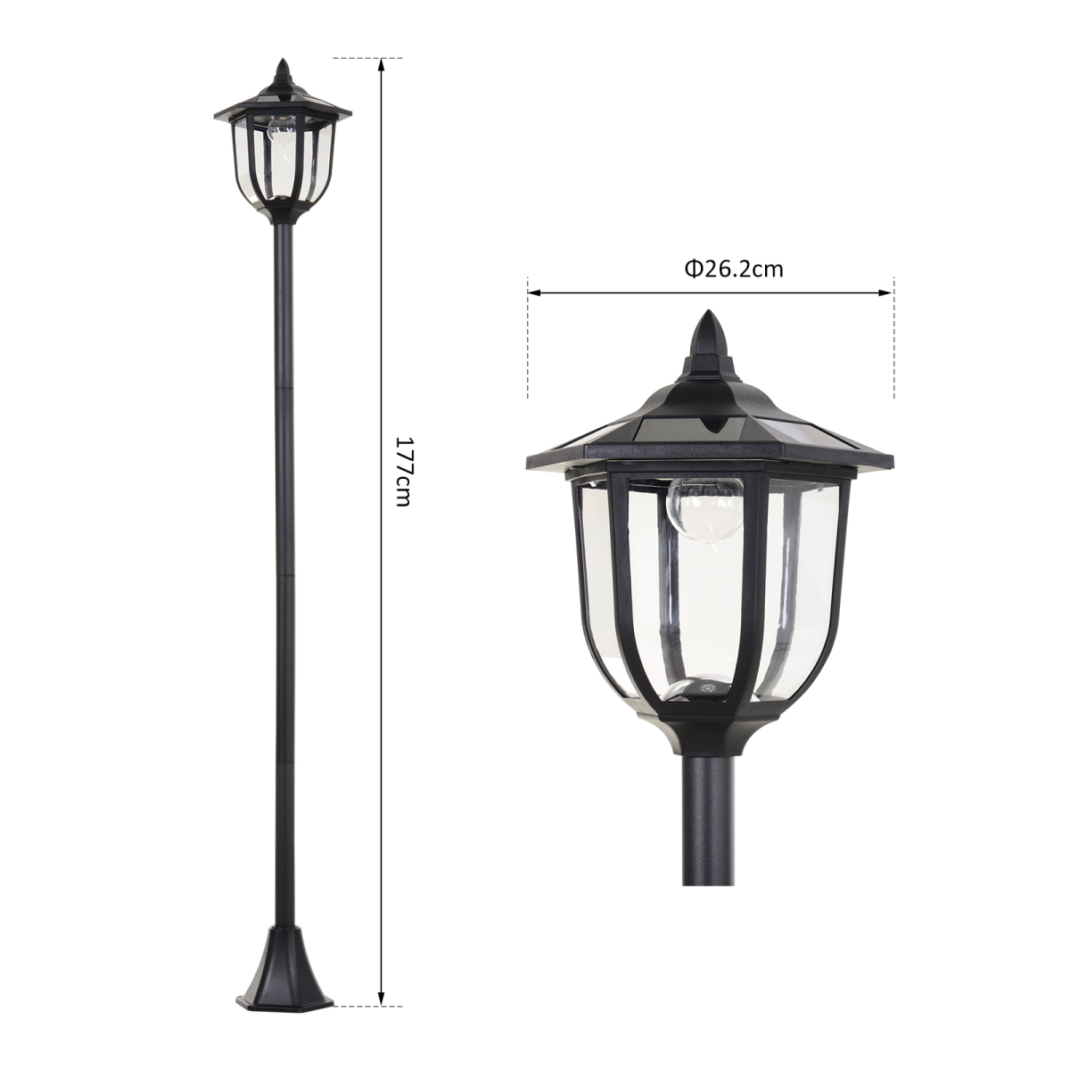 Outsunny 1.77m Black Solar LED Lamp Post with Ground Stake, ABS, IP44, Free-Standing