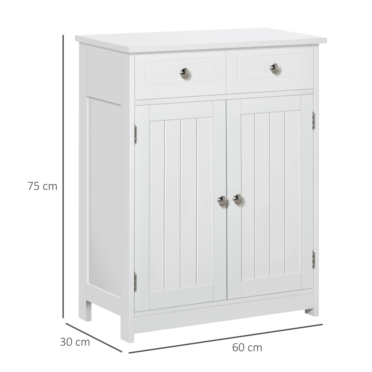 kleankin White Bathroom Floor Storage Cabinet with 2 Drawers, Cupboard and Adjustable Shelf, 75H x 60L x 30Wcm