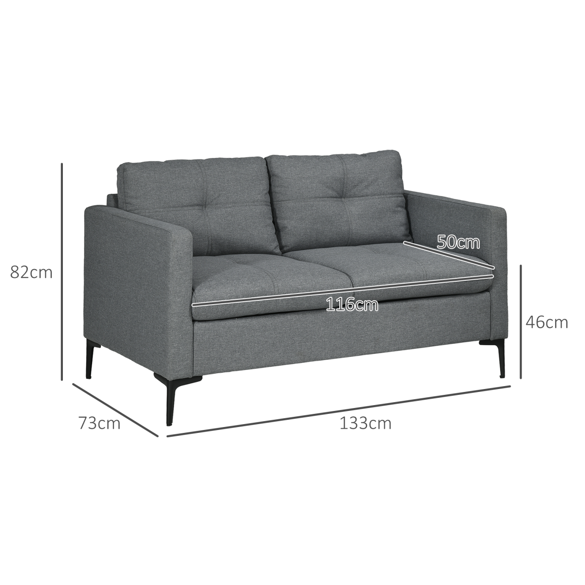 HOMCOM Grey 2 Seater Loveseat Sofa with Cushions, Linen-Effect Upholstered