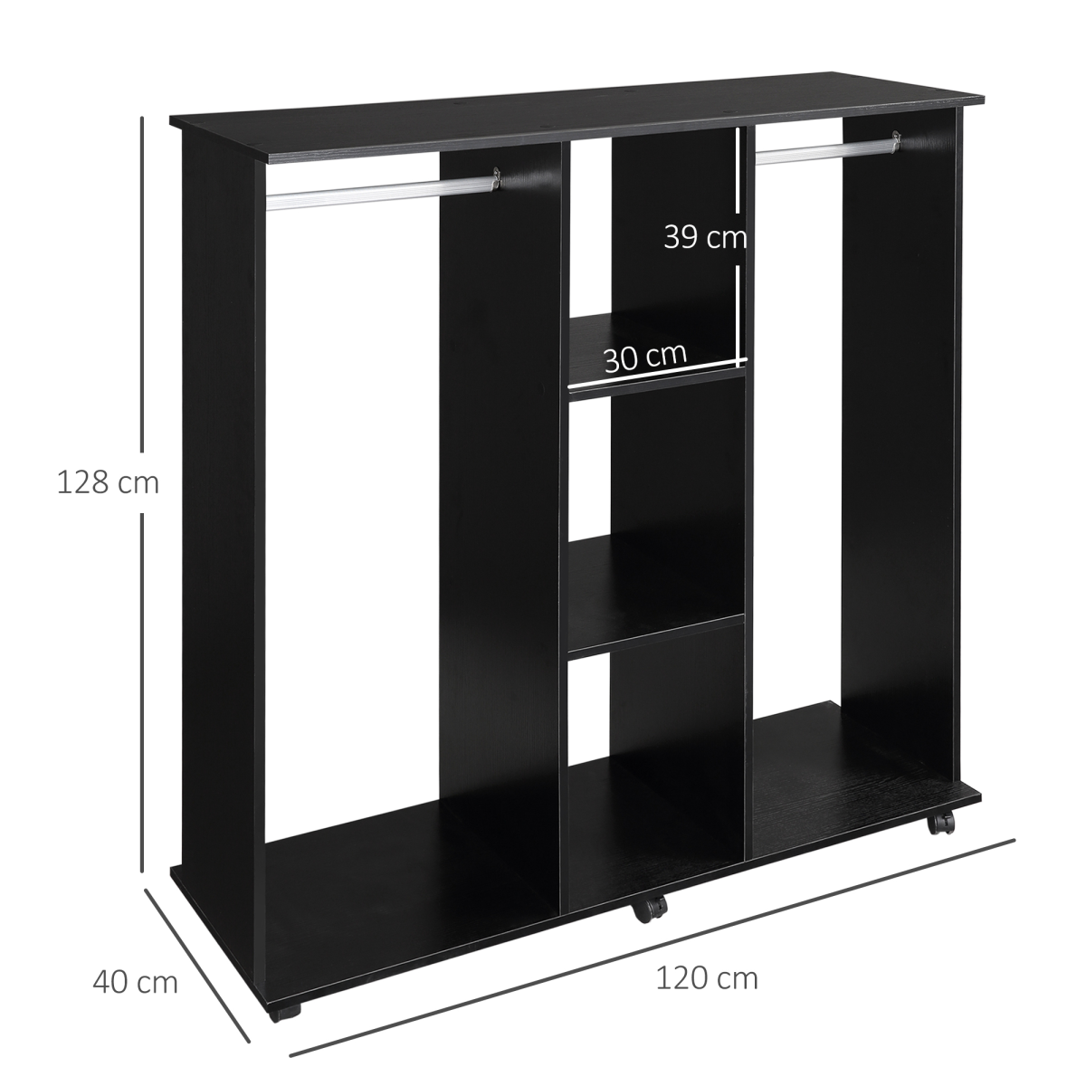 Unbranded 3-Tier Storage Rack with 2 Hanging Rails, 6 Wheels, 120 x 40 x 128 cm