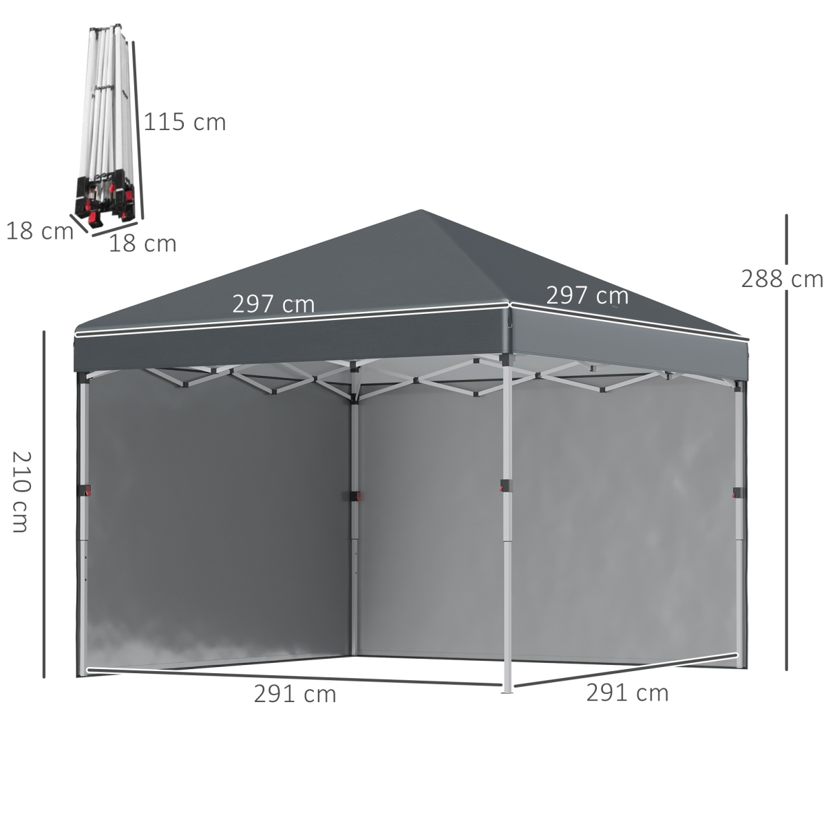 3 x 3m Pop Up Gazebo with 2 Removable Sidewalls, Adjustable Height, Sandbags, Guy Ropes and Ground Stakes, Dark Grey